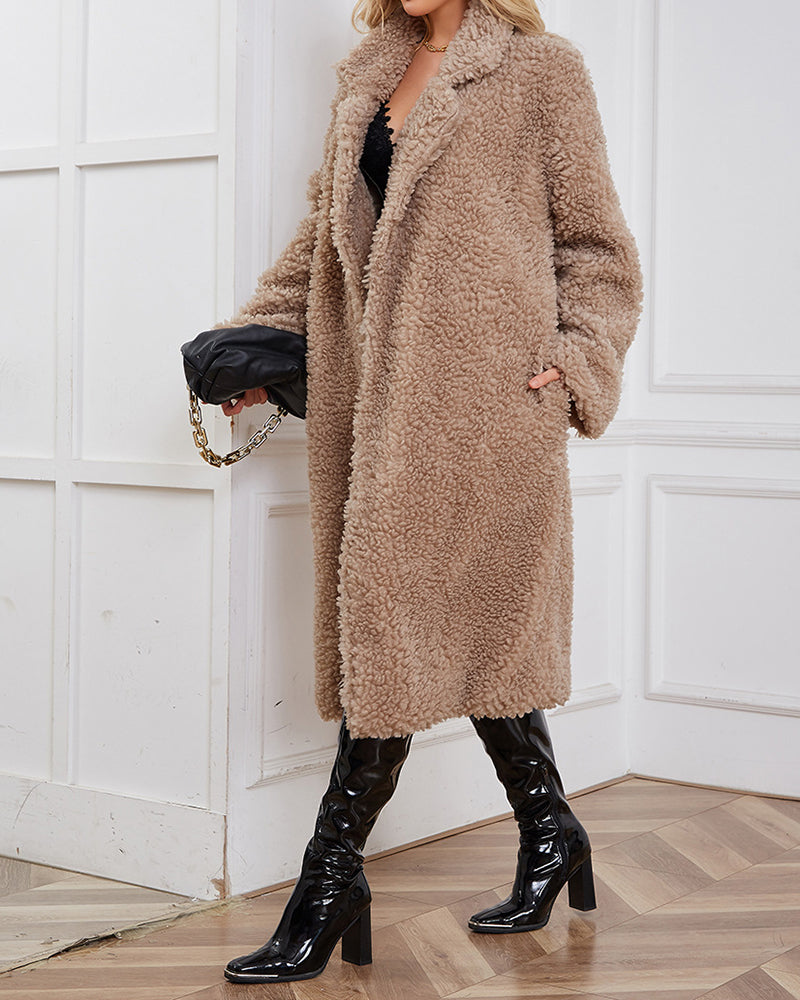 Faux Fur Long Grain Fleece Wool Cardigan Coat