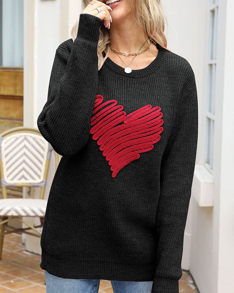 Casual Heart Round Neck Pullovers Long Sleeve Sweaters