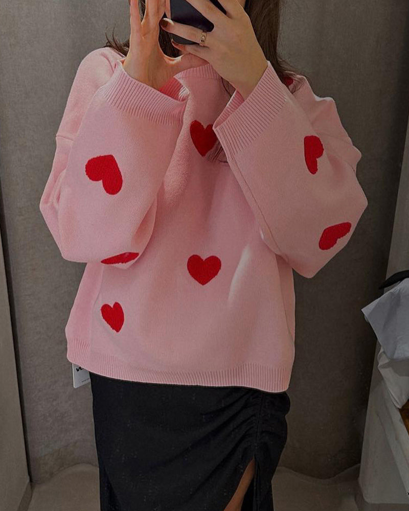 Heart Pattern Embroidered Crew Neck Sweater