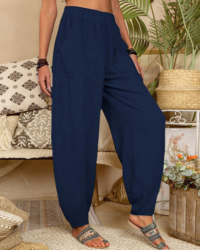 Long Elastic Loose Casual Trousers Harem Pants Pockets Wide Leg Pants