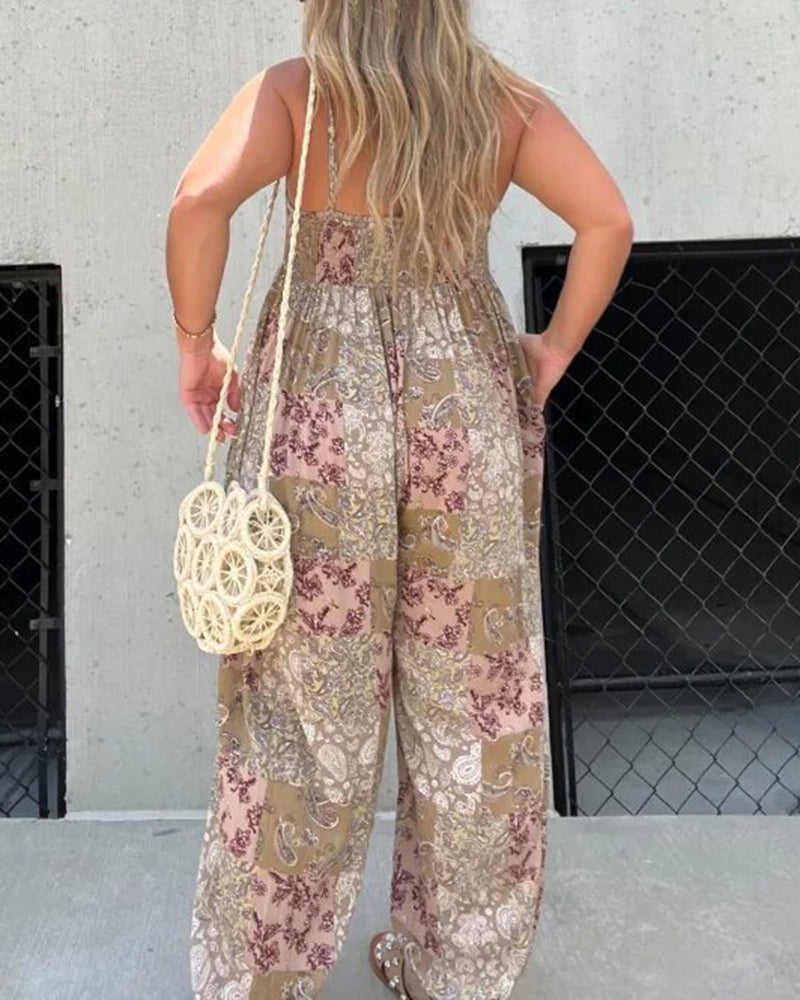 V Neck Street Daily Retro Printed Loose Fit Sleeveless Jumpsuits