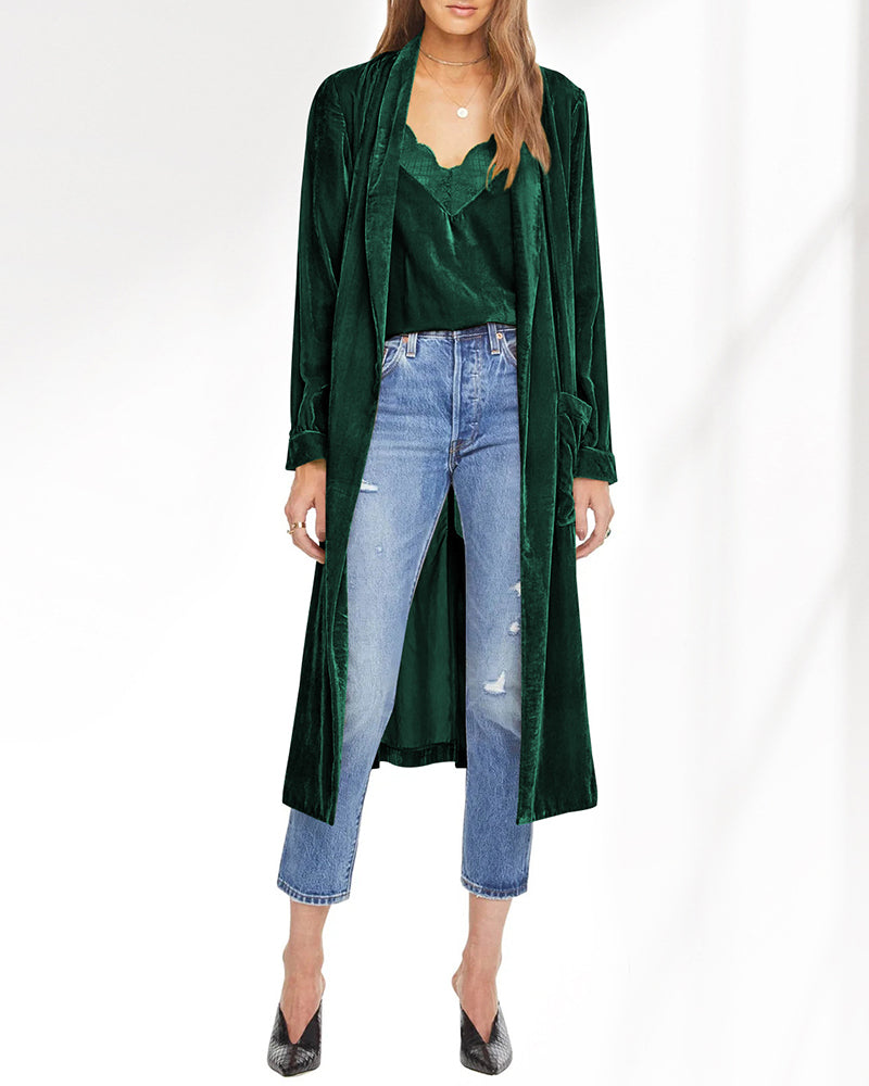 Long Velvet Cardigan Jacket Casual Open Front Velour Lapel Cardigan Maxi Blazer