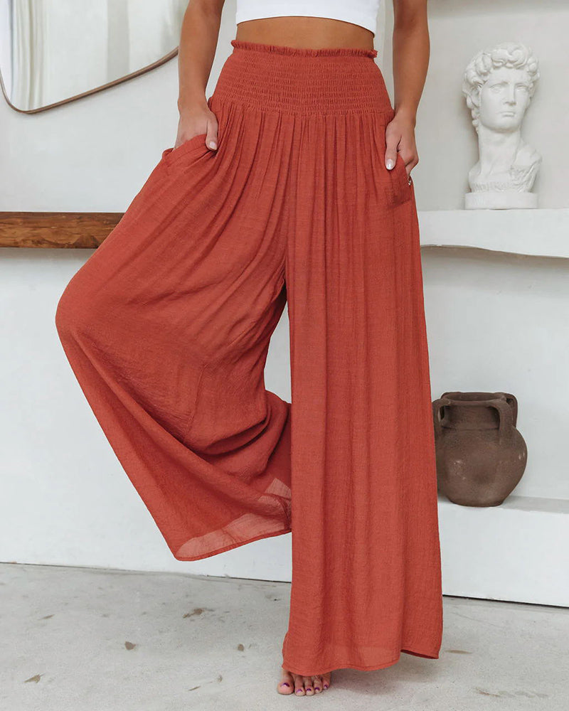 Loose Beach Elastic High Waist Casual Wide Leg Palazzo Yoga Lounge Trousers with Pockets