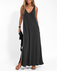 Casual Loose Dress Sleeveless Deep V Neck Split Beach Maxi Long Dress