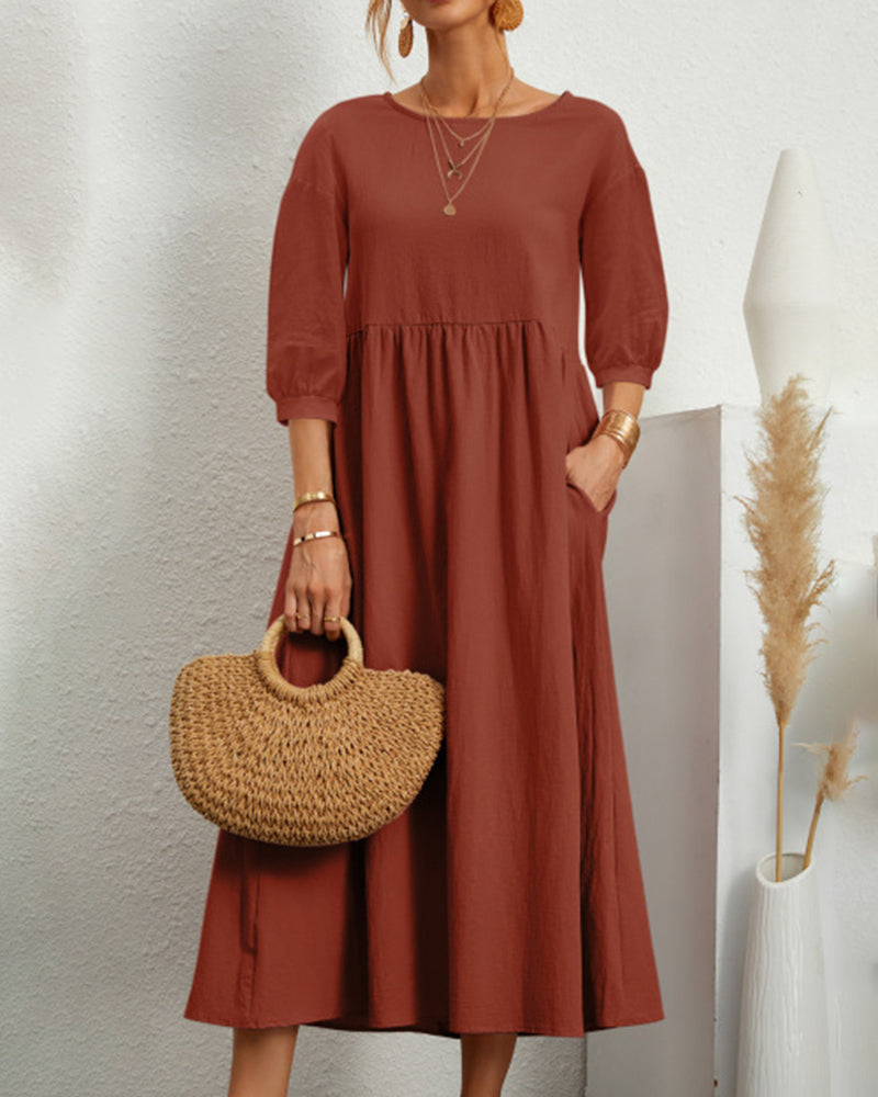 Lantern Sleeve Long Dress Solid Color Loose Crew Neck Mid Waist Dresses with Pockets