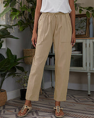 Drawstring Elastic Waist Straight Trousers Pants with Pockets