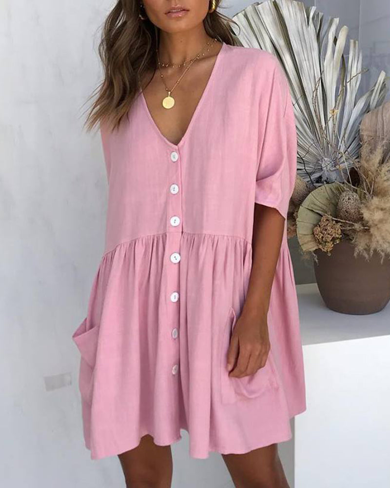 Half Sleeve Summer Shirt Dress V Neck Button Down Casual Loose Flowy Swing Mini Dress with Pockets