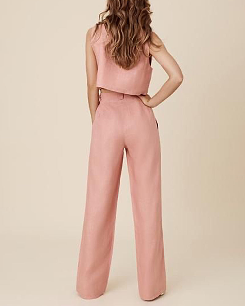 Two Piece Set Women Solid Vest Crop Cami Top & Wide Leg Pants Set