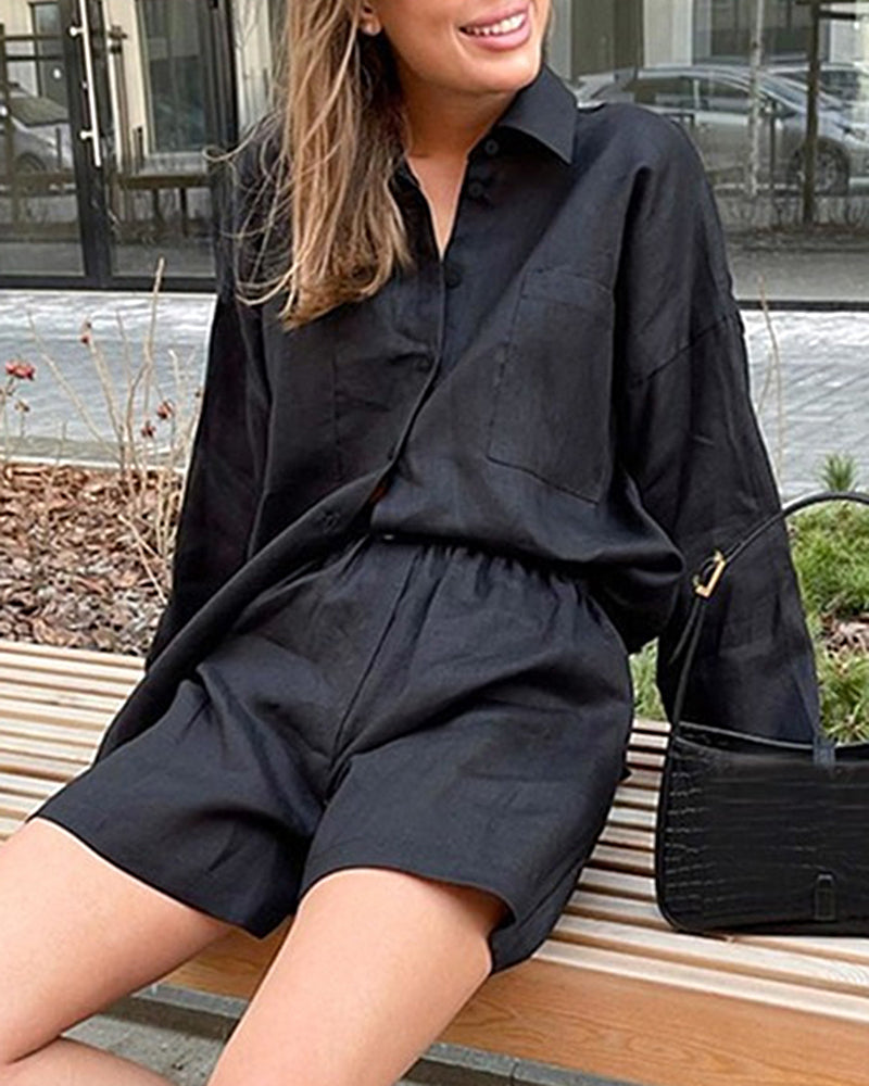 Two Piece Set Casual Loose Shirt Jacket and Elastic Shorts