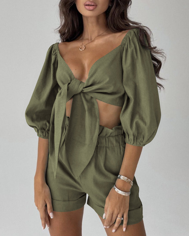 Half Sleeve Knot Front Crop Cardigan Top with Shorts Sets