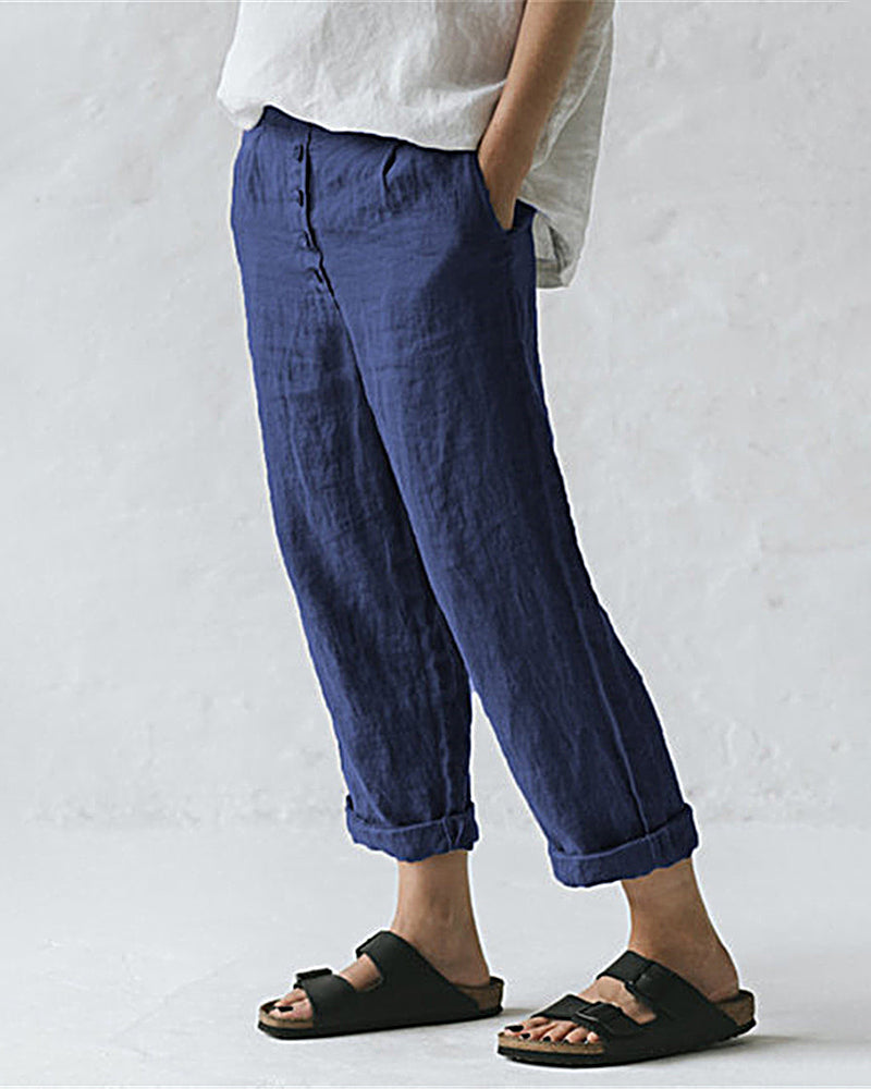 Button Loose Solid Leg Pants