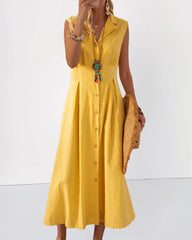 V Neck Lapel Button Down Maxi Dress Sleeveless Casual Beach Long A Line Shirt Sundress