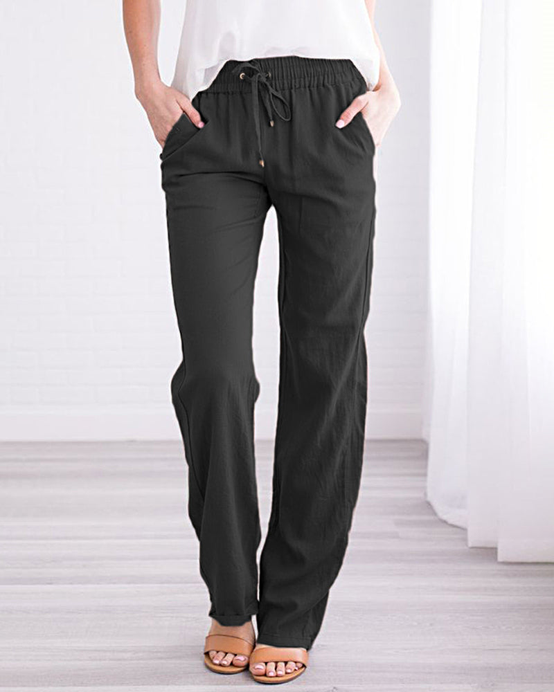 Solid Color Drawstring Elastic Waist Pants Casual Trousers with Pockets