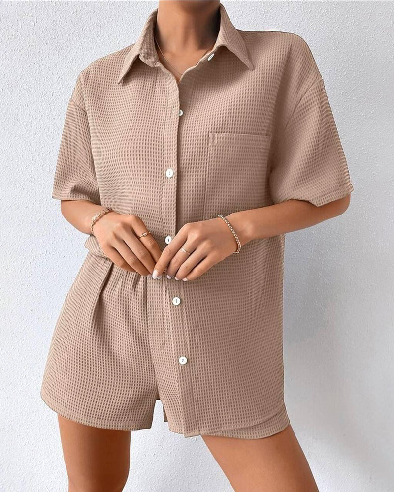 Casual Two-Piece Short Sleeve Lapel Cardigan Top and Shorts Loungewear Sets