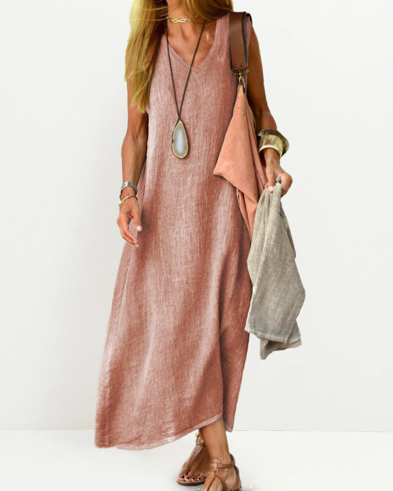 Casual Sleeveless Dress Solid V Neck Tank Long Dresses Plain Simple Beach Sundress Cover Ups