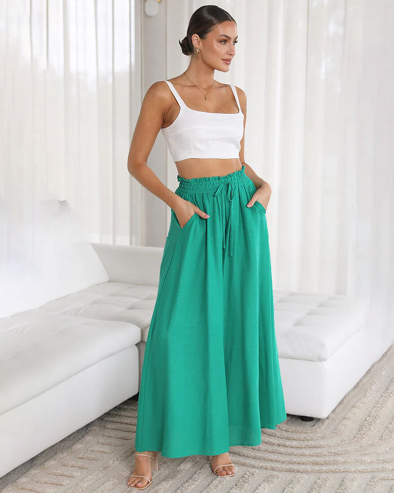 Wide Leg Flowy Pants Summer Boho Elastic Waist Drawstring Palazzo Trousers