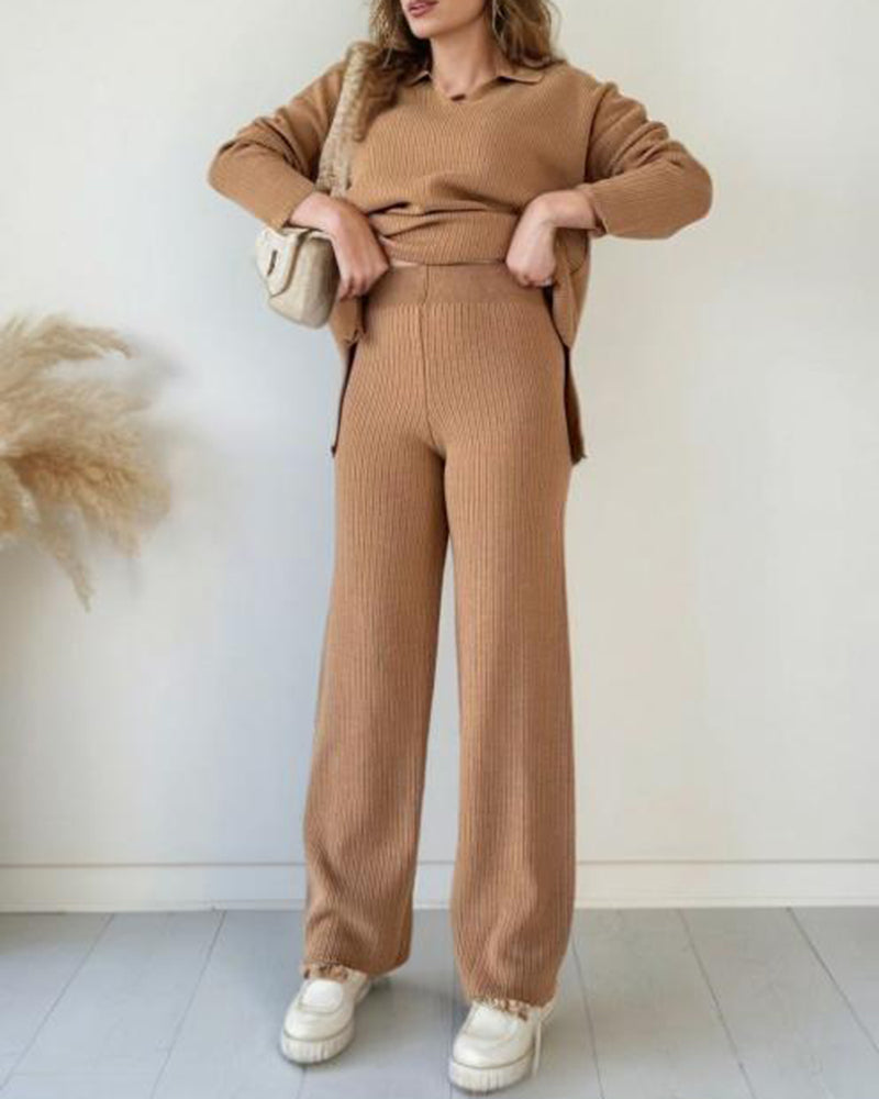 Solid Color Loose Hem Slit Two-piece Sweater Set