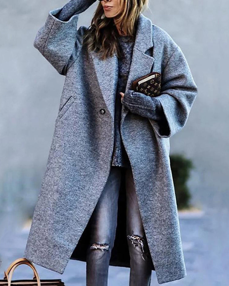 Casual Long Sleeve Lapel Printed Notched Collar Warm Midi Jacket Overcoat