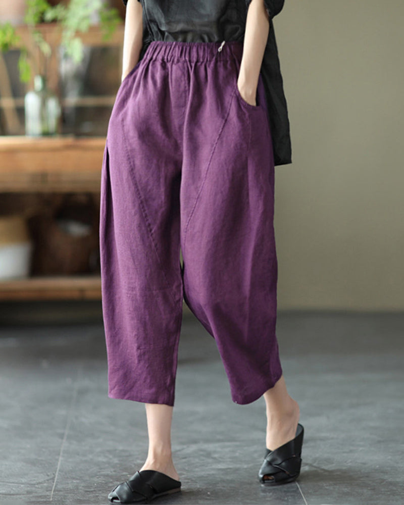 Loose Stitching Solid Color Elastic Waist Cropped Harem Pants