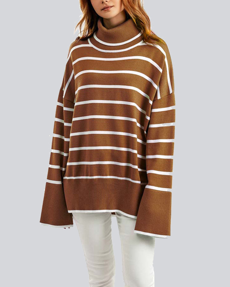 Striped Sweater Casual Turtleneck Knit Pullover Jumper Tops