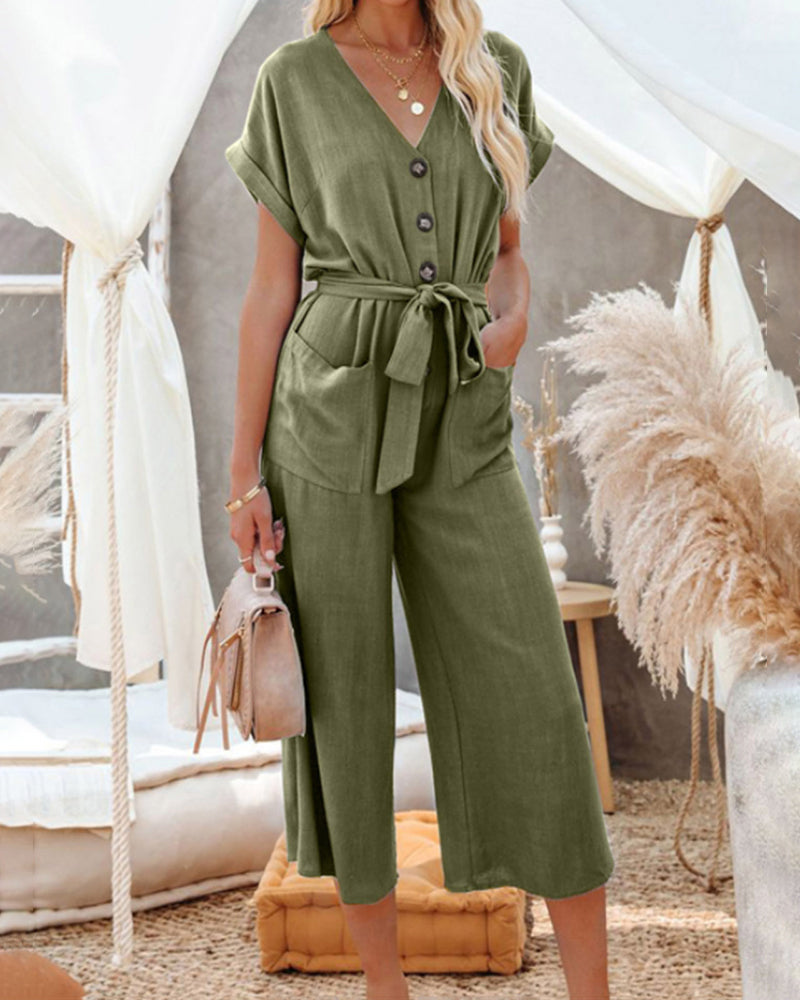 Casual Playsuits Wide Leg Short Sleeves V Neck Buttoned Baggy Belt Jumpsuits Elegant Long Romper with Pockets