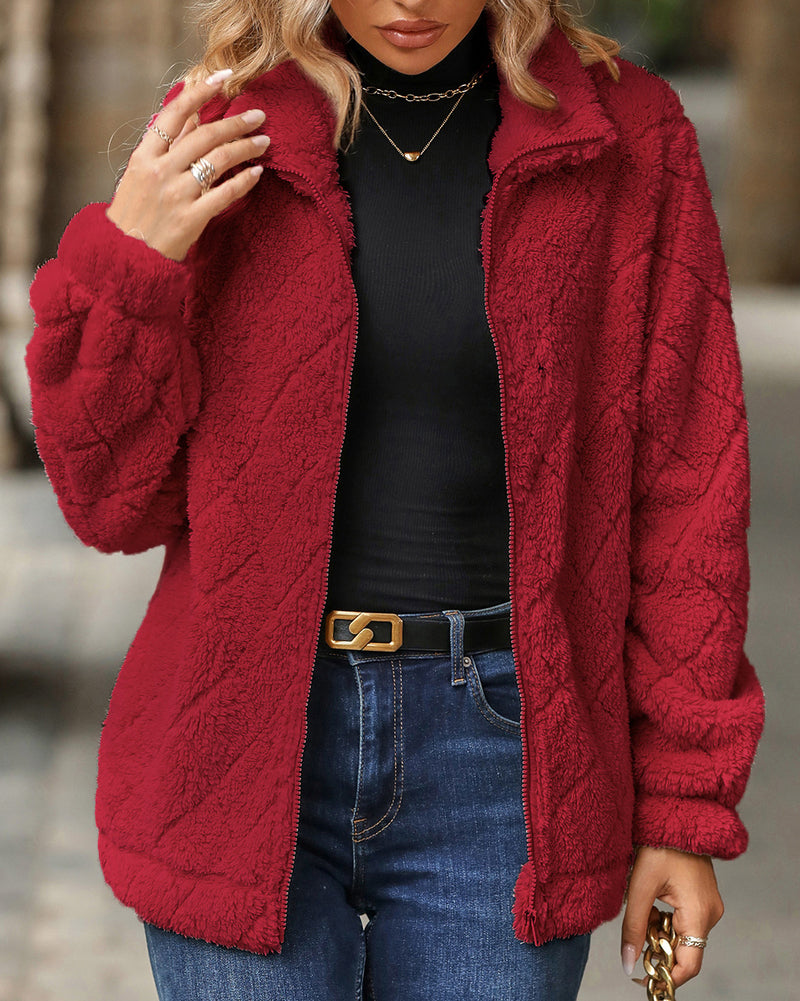 Zipper Plaid Fleece Pockets Women's Coat Cardigan