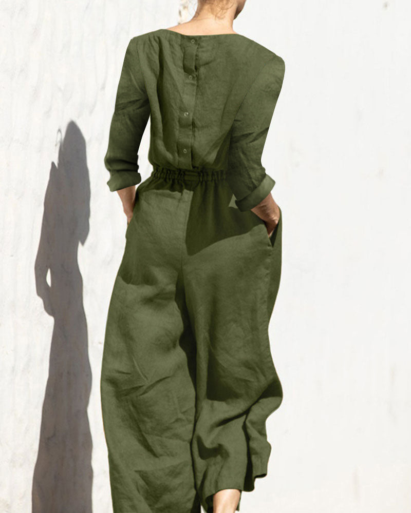 Solid Color Long Sleeve Rompers Back Button Elastic Waist Wide Leg Long Jumpsuit