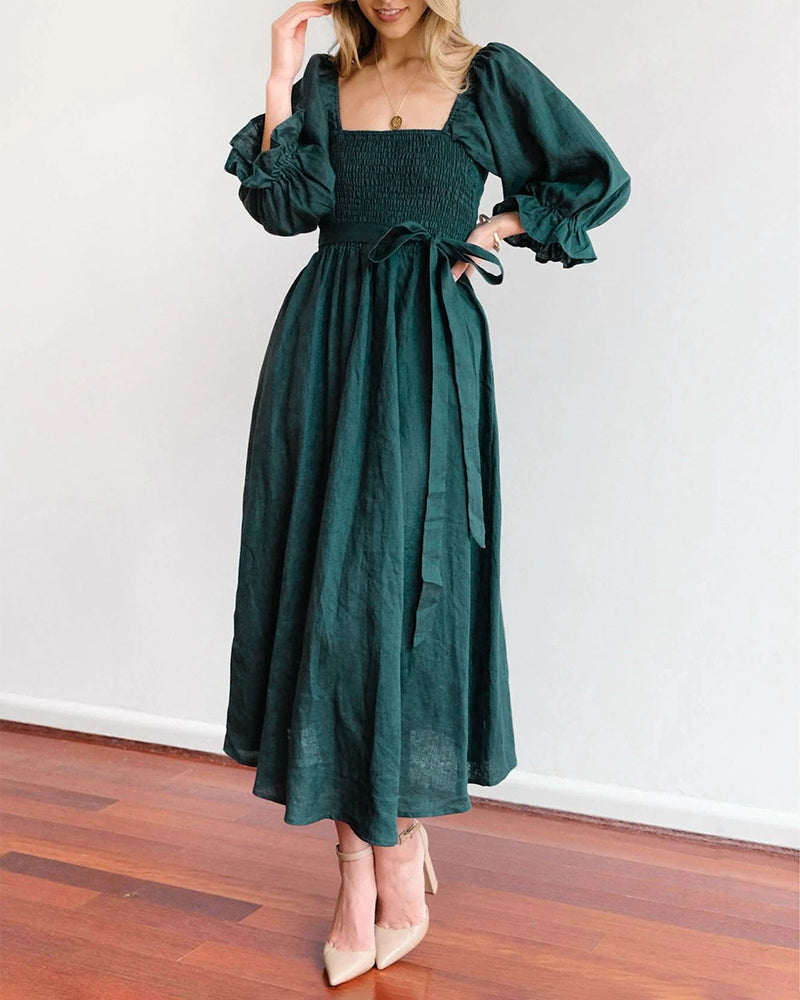 Rope Belt Ruffle Balloon Sleeve Dress Multi-Wear Elegant Midi Dress