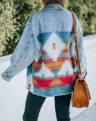 Aztec Lapel Long Sleeve Retro Western Denim Jacket