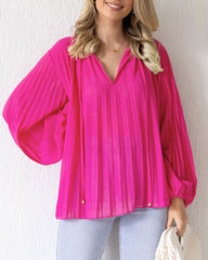 Pink Pleated V-neck Blouse
