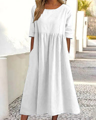 Beach Short Sleeve Scoop Neck Ruffle Swing Casual Boho Midi Dress with Pockets