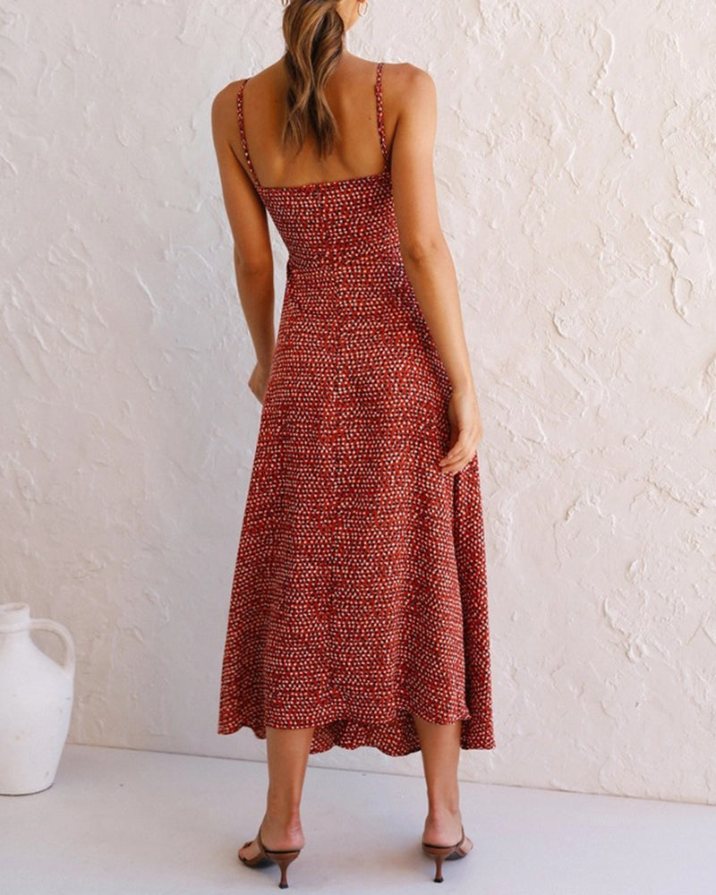 Spaghetti Strap Midi Dresses Sexy Deep V Neck Backless Floral Print Side Slit Maxi Dress
