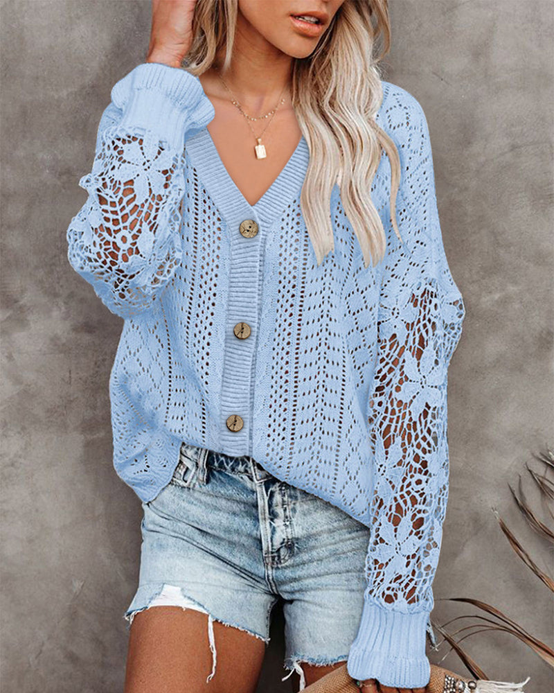 Long Sleeve Lace Cable Knit Sweater Open Front Cardigan Button Loose Shirts