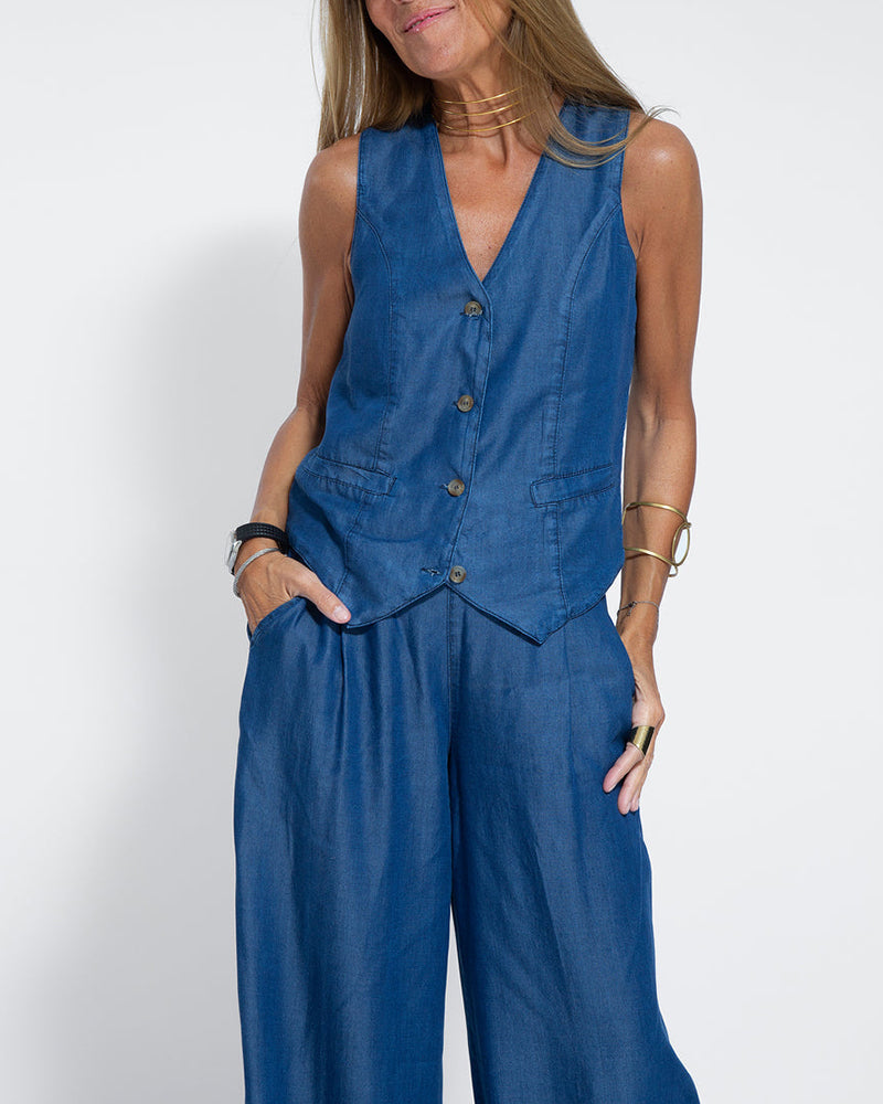 Chic Denim Two Pieces Set Sleeveless Vest And Wide Leg Pants