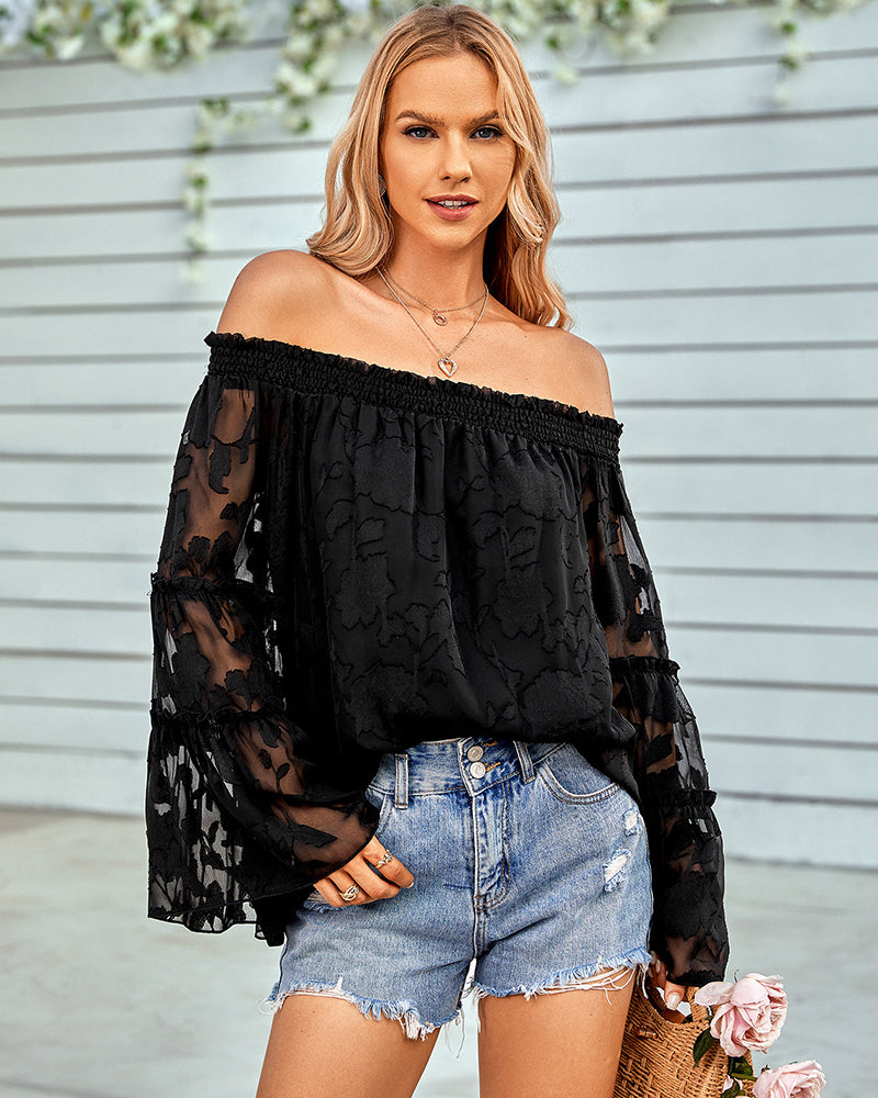 Off The Shoulder Tops Floral Print Casual Loose Chiffon Bell Sleeve Blouse Shirts