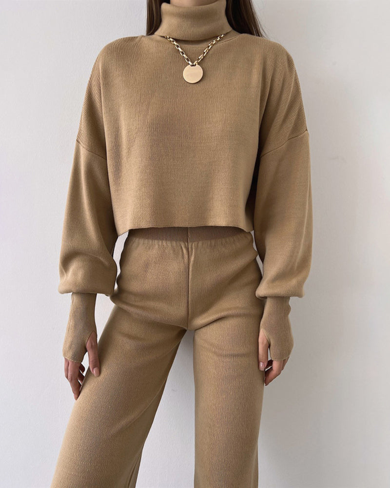 Women's Knitted Two Pieces Sets Turtleneck Cropped Sweater with High-waisted Flared Pants