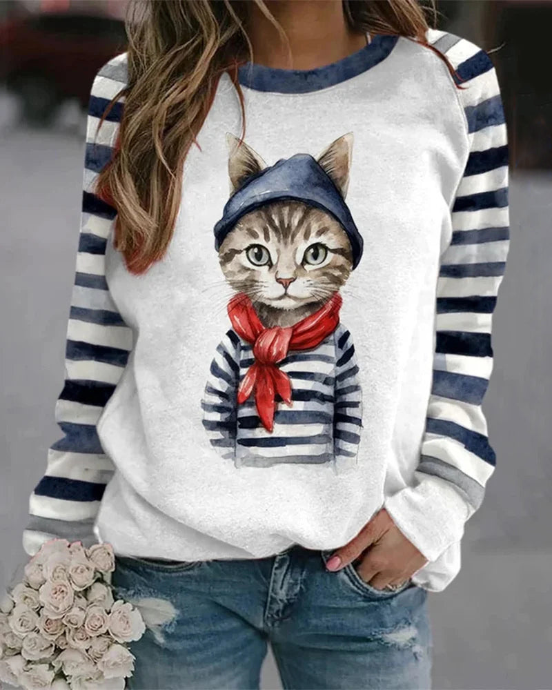 Women's Clothes Cat Print Striped Long Sleeve Sweatshirt