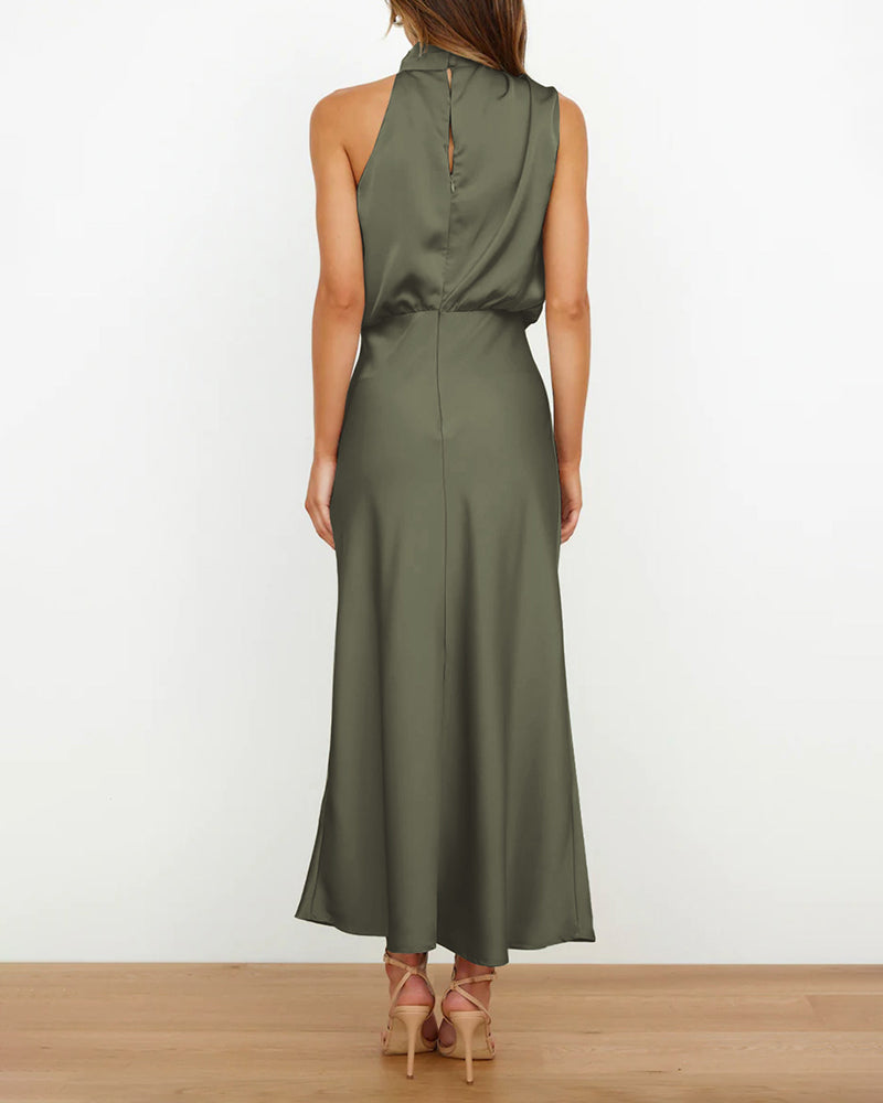 Long Formal Satin Dress Mock Neck High Neck Evening Dress