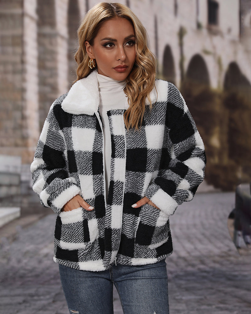 Double Sided Fleece Long Sleeve Plaid Jacket