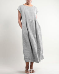 Casual Solid Linen Crew Neck Maxi Smock Dress Loose Baggy Ruffle Long Dresses with Pockets