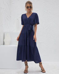 Elegant V Neck Short Sleeve Wrap Maxi Dress Loose High Waist Pleated Flowy Swing Long Dress with Belt