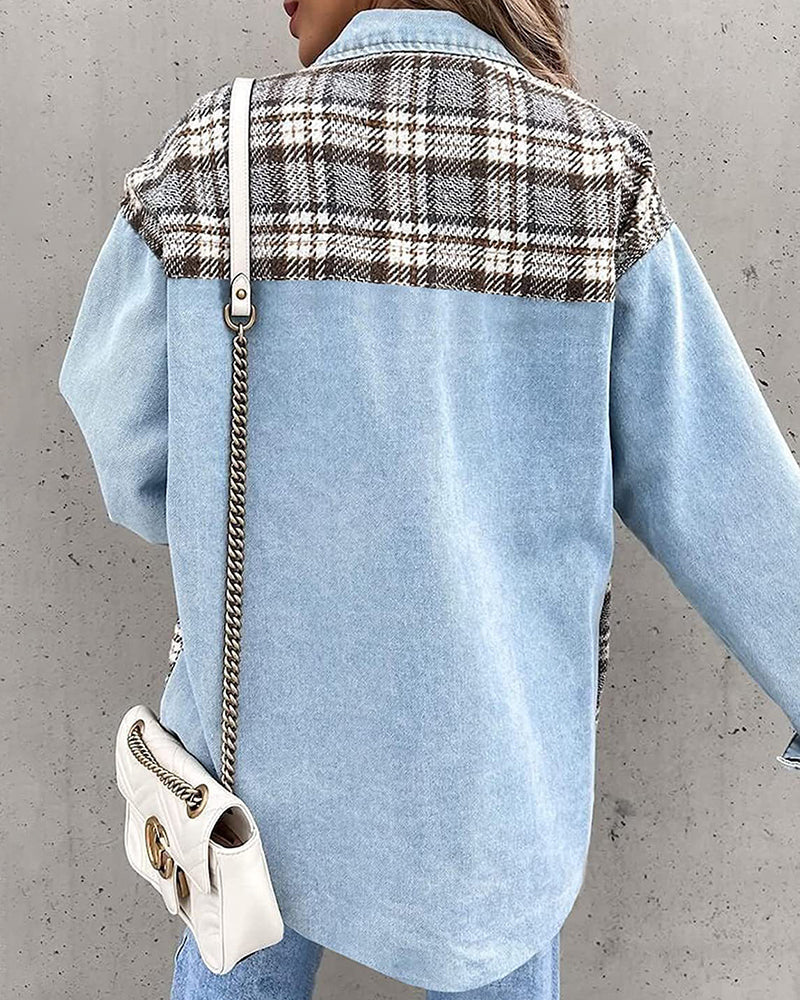 Plaid Patchwork Jackets Lapel Collar Spliced Button Down Pockets Overcoats