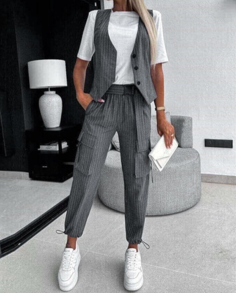 Chic Two-piece Set Striped Asymmetrical Vest Top & Cuffed Pants Set