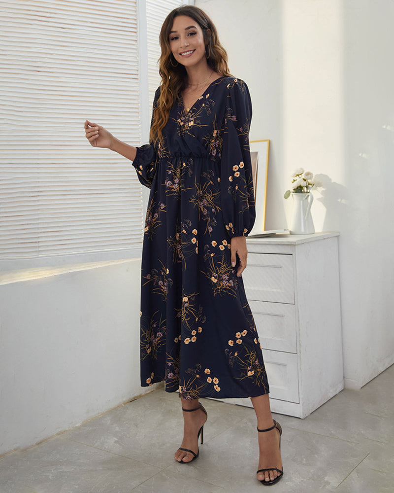 V Neck Long Sleeve Floral Print Maxi Dress