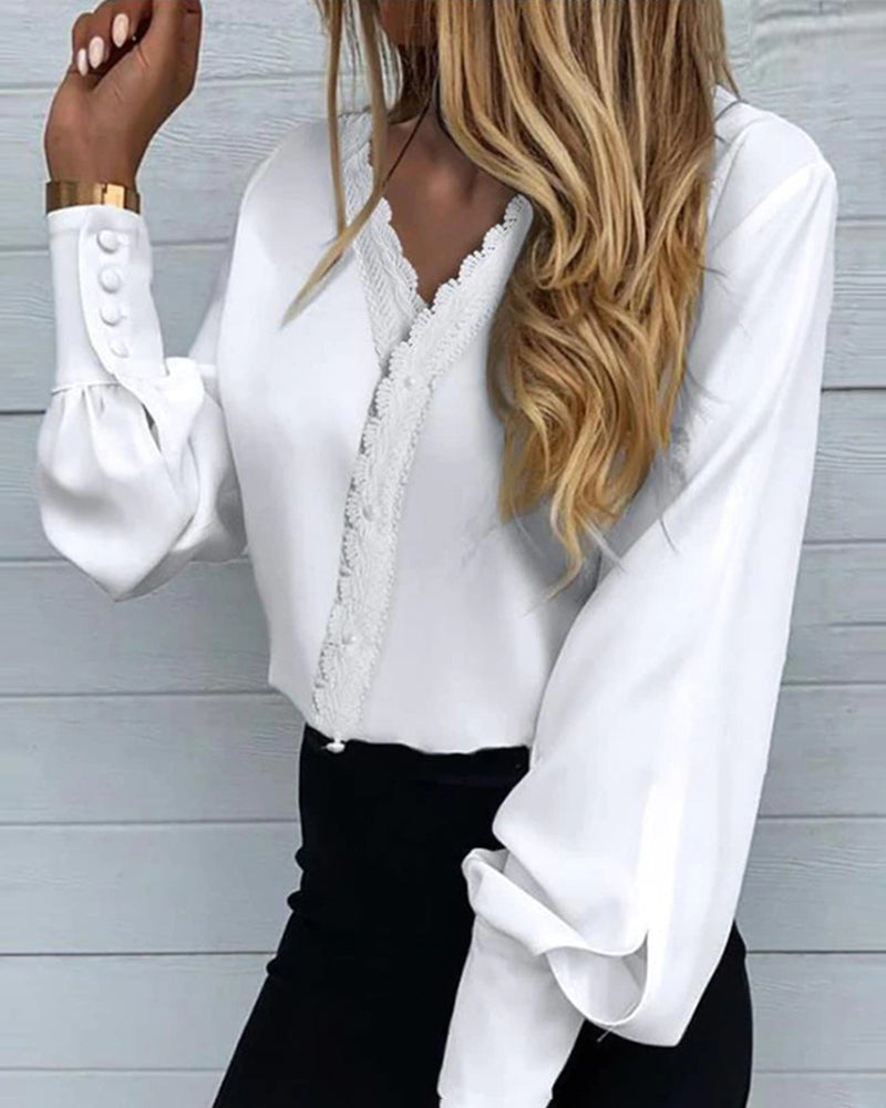Print V Neck Lace Long Sleeves Shirt Blouse Button Loose Tunic Top