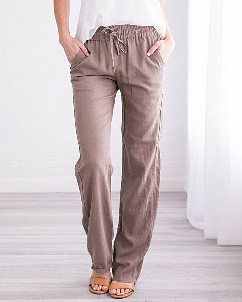 Solid Color Drawstring Elastic Waist Pants Casual Trousers with Pockets