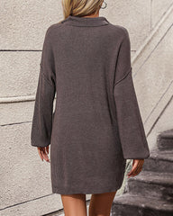 Solid Color Lapel Button Knit Mid Length Sweater Dresses