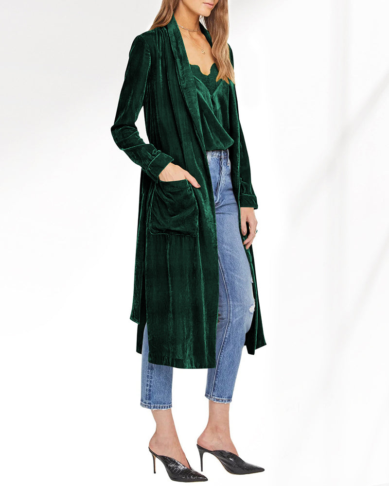 Long Velvet Cardigan Jacket Casual Open Front Velour Lapel Cardigan Maxi Blazer