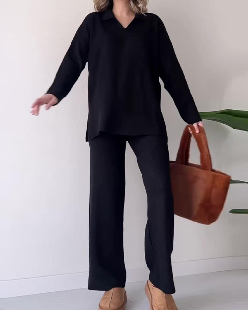 Solid Color Loose Hem Slit Two-piece Sweater Set