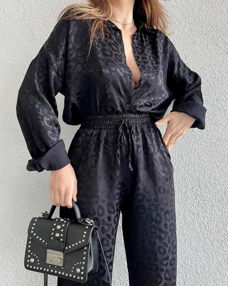 Leopard Jacquard Two-Piece Set Long Sleeve Shirt with Elastic Waist Loose Fit Pants